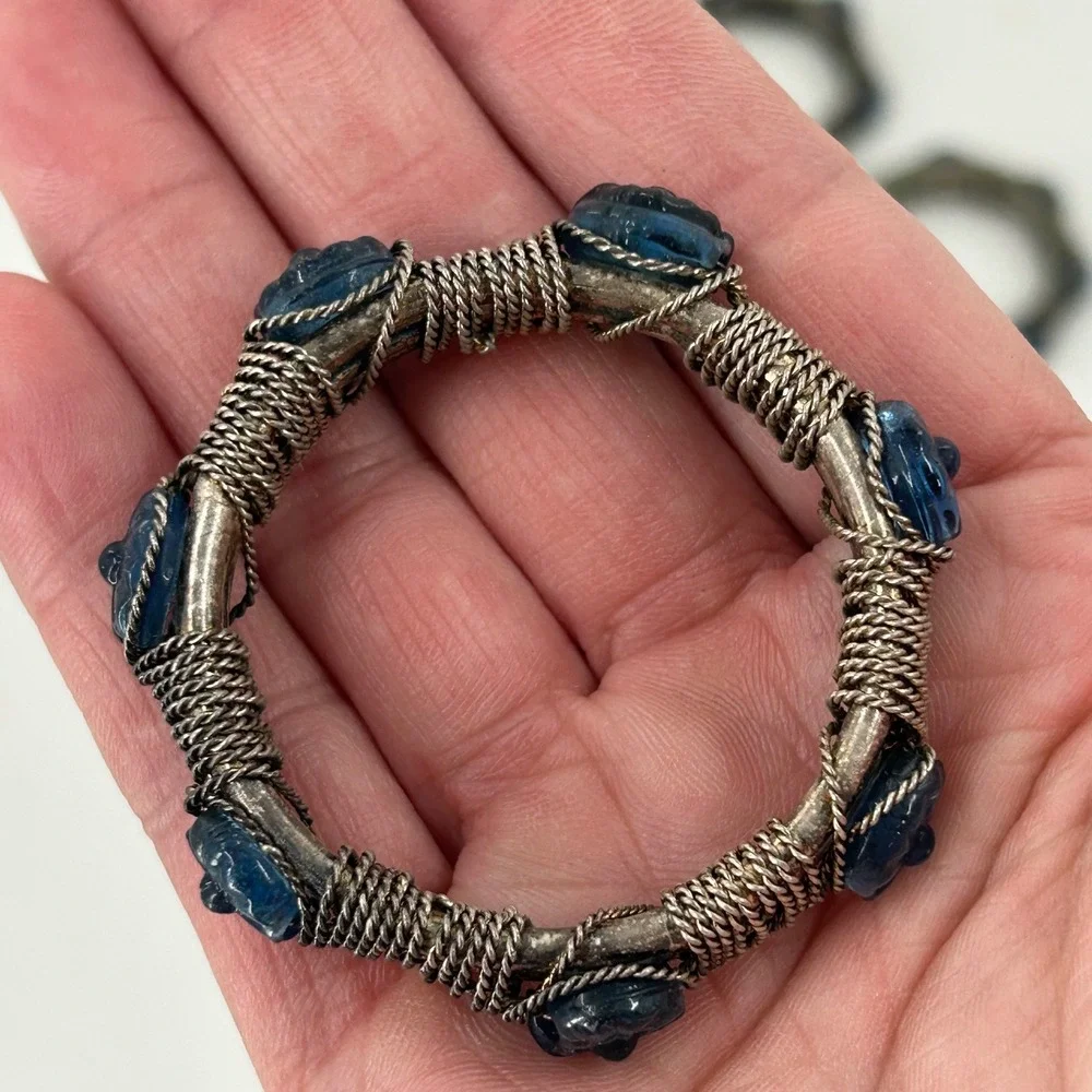 Vintage Napkin Rings Set of 6 Silver Tone Wire Wrapped Blue Glass Floral Detail
